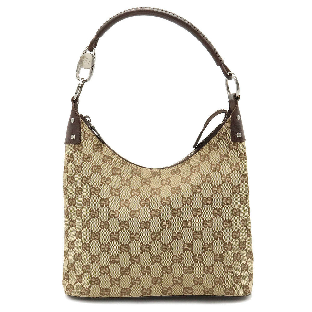 Gucci GG Canvas Shoulder Bag Hobo Leather Beige Cream Dark Brown
